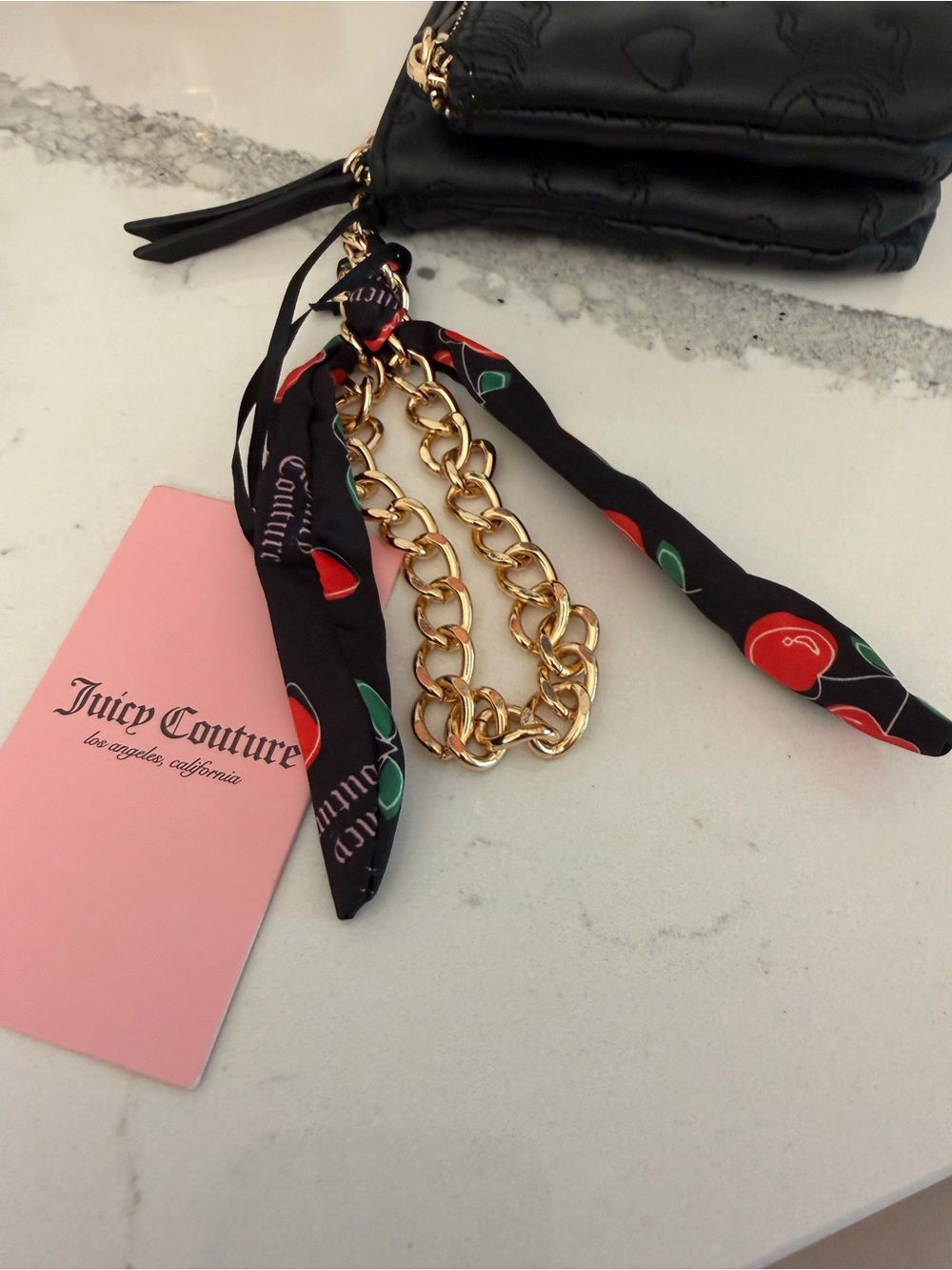 Juicy Couture Black Quilted Double Zip Wristlet with Cherry Twilly NWT - Picture 5 of 6